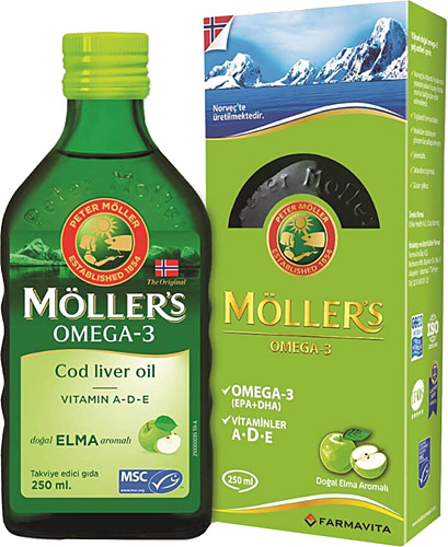مولرز اوميجا 3 شراب زيت السمك بنكهة التفاح الطبيعي لزيادة التركيز والمناعة 250 مل Mollers Omega 3