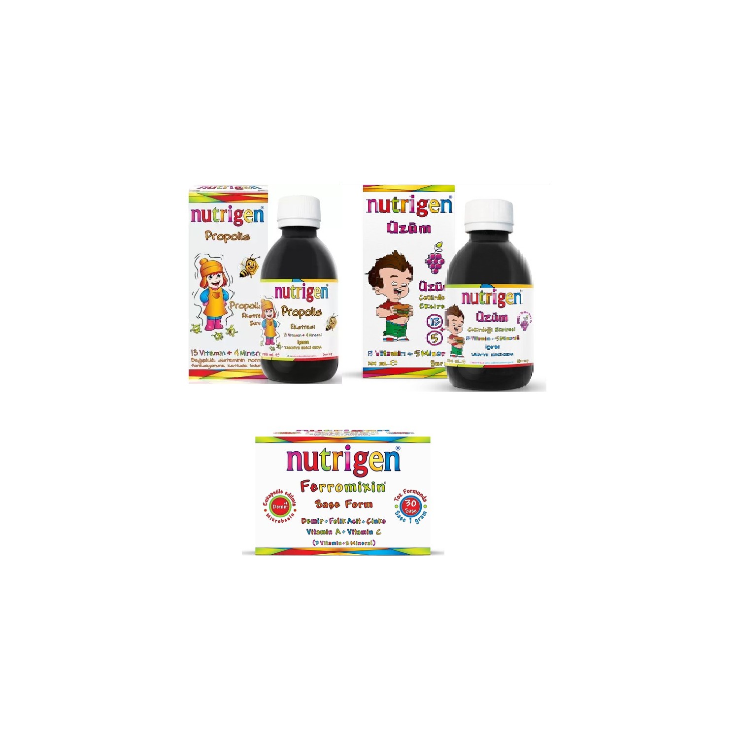 عرض شراب البروبوليس مع شراب بذور العنب وفيتامين بودر فيروميكسين لصحة طفلك من Nutrigen