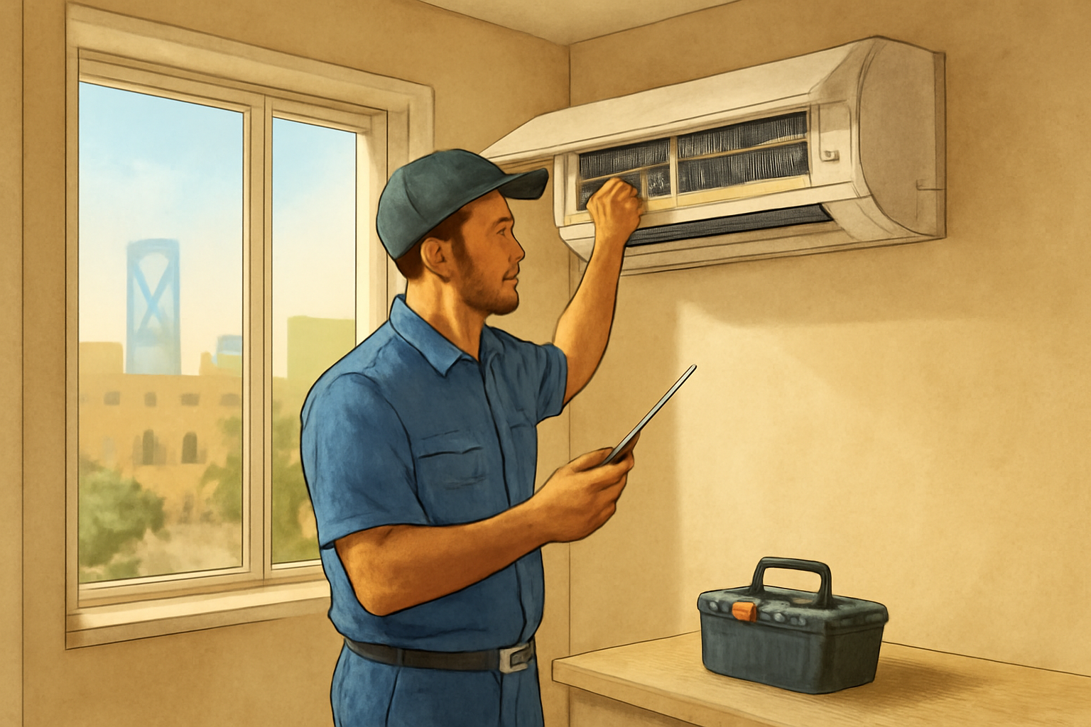 Illustrative scene of an air-conditioning technician checking a split-unit indoor panel in a Riyadh home, with a small toolkit nearby and natural daylight; no logos or written text.