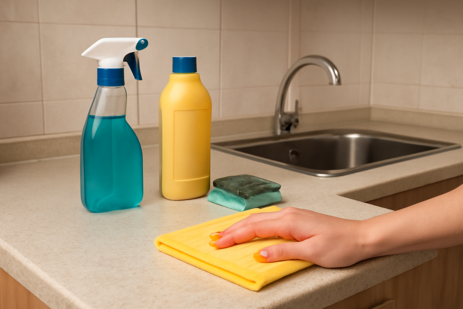 Home cleaning company in Riyadh: questions to confirm Illustration of a Riyadh apartment kitchen being cleaned, viewed close-up with a cloth and suitable cleaning tools on a counter. No people, logos, or written text.