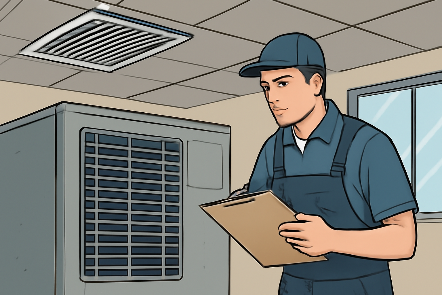 Illustrative scene of a technician examining a central air-conditioning unit in a commercial building, with vents visible overhead and a clipboard with no readable writing.