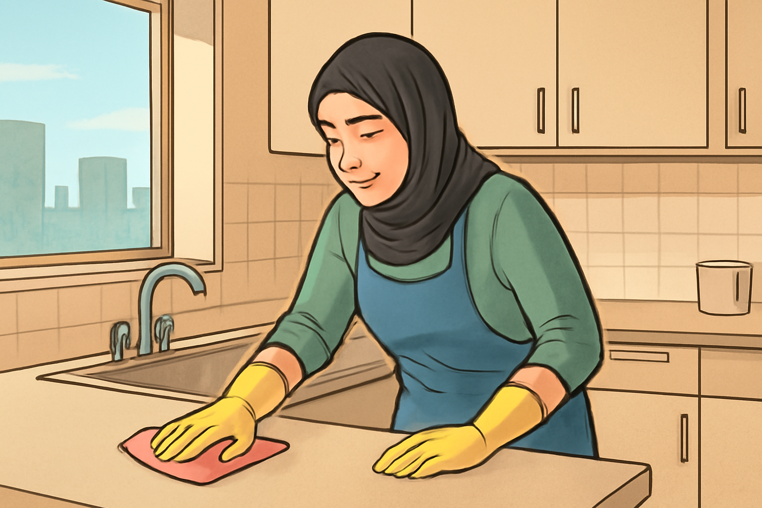 Illustrative scene of a cleaner wiping a kitchen counter in a Riyadh apartment, with the sink and surrounding surfaces visible; no logos or text.