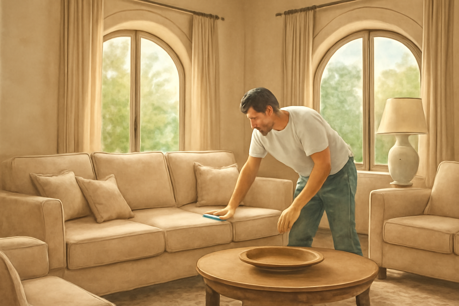 Illustration of a villa majlis being cleaned, showing careful work around seating and soft furnishings in natural light; no logos or text.