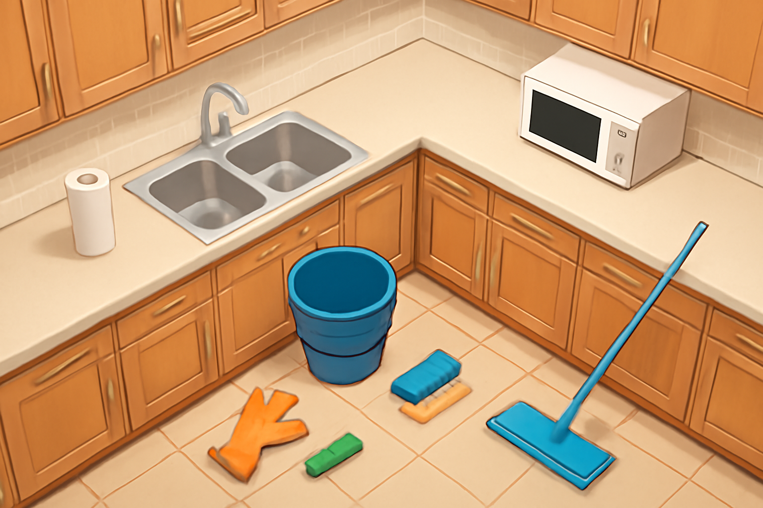 Riyadh cleaning company: Questions for a home cleaning company in Riyadh Illustrative scene of a Riyadh kitchen prepared for a deep clean, viewed from above with suitable tools beside clear countertops; no people, logos, or written text.