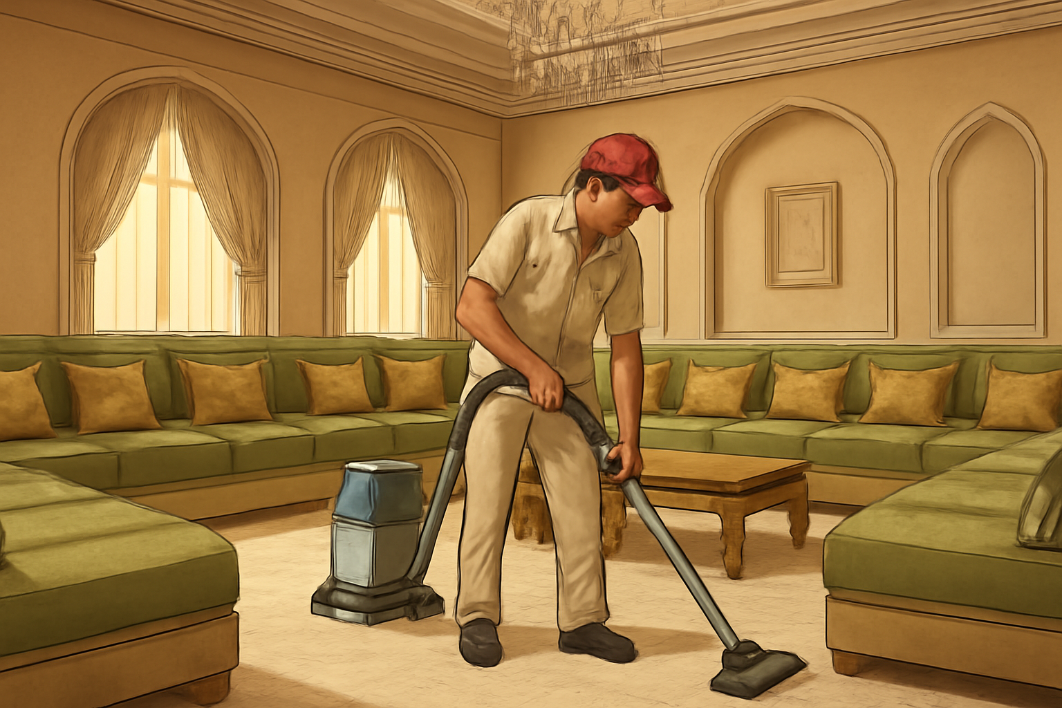 Riyadh villa cleaning company: villa-room illustration Illustration of a villa majlis in Riyadh being cleaned, with a worker carefully vacuuming the floor and seating arranged around the room.