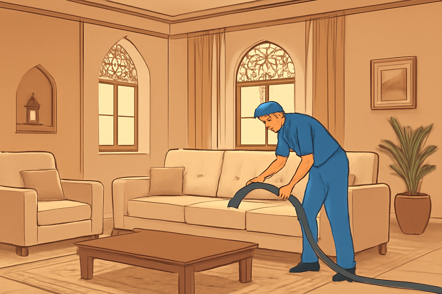 Illustrative scene of a cleaner tending to sofa upholstery in a Riyadh villa majlis, viewed from across the room; no logos or text.