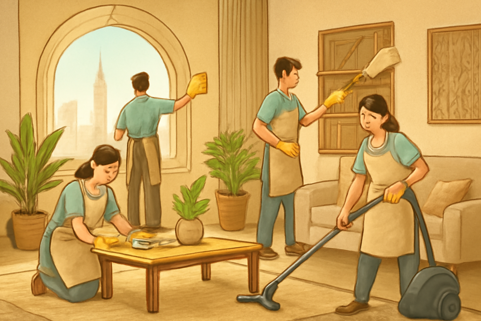 Riyadh cleaning company: what to check before you book Illustrative scene of a home-cleaning team tidying a Riyadh living room, with suitable cleaning tools and natural-looking materials; no logos or written text.