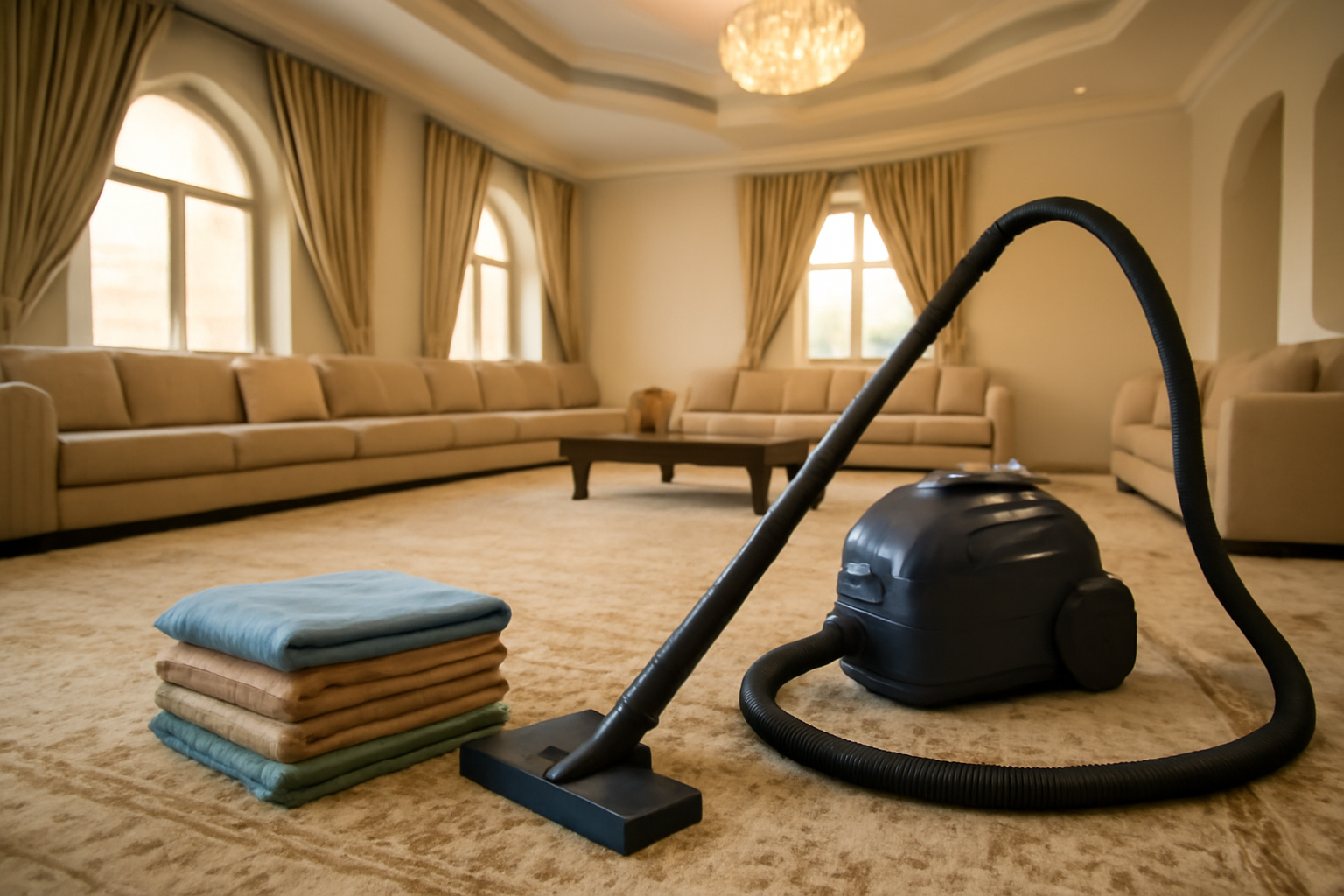 Illustration of a spacious Riyadh villa majlis being cleaned, with a vacuum and folded cloths arranged nearby; no logos or written text.