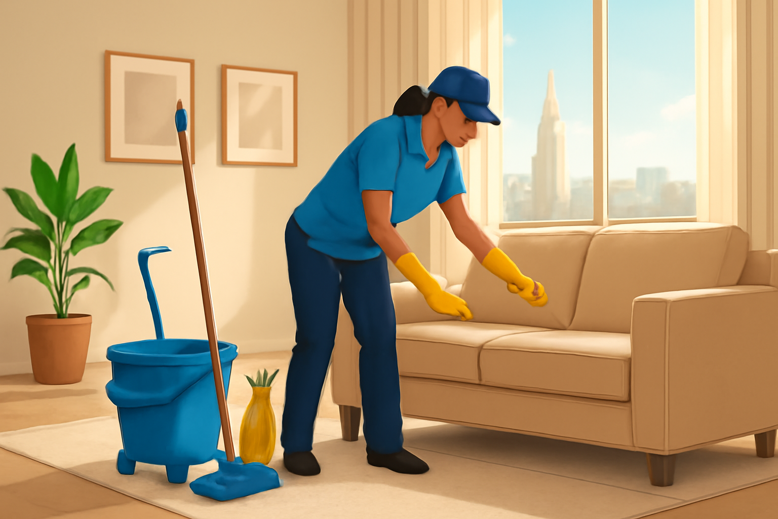 Riyadh cleaning company: how to compare scope before you book Illustration of a cleaning professional tidying a Riyadh home’s living room, with cleaning tools beside a sofa and natural daylight. No logos or written text.