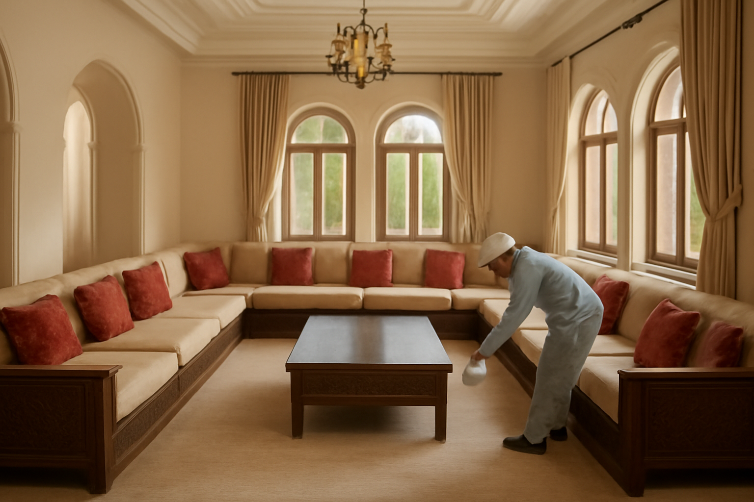 Riyadh villa cleaning company: specify rooms and shared spaces Illustration of a villa majlis with a cleaner working carefully around the seating, shown from a wide angle with soft daylight. No logos or written text.