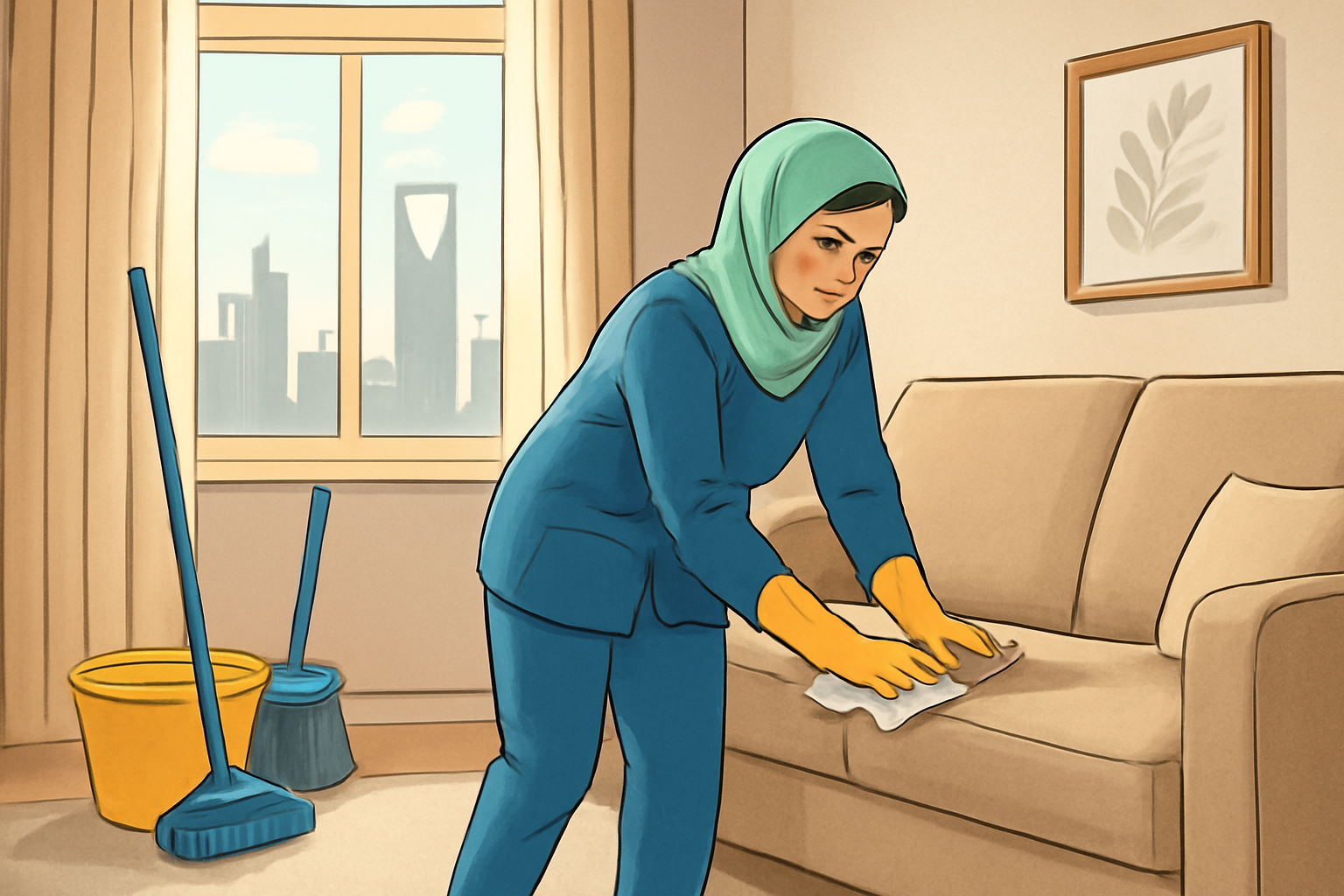 Riyadh cleaning company: home-cleaning illustration Illustration of a home-cleaning worker tidying a Riyadh living room, with suitable cleaning tools beside a sofa and natural daylight through the window.