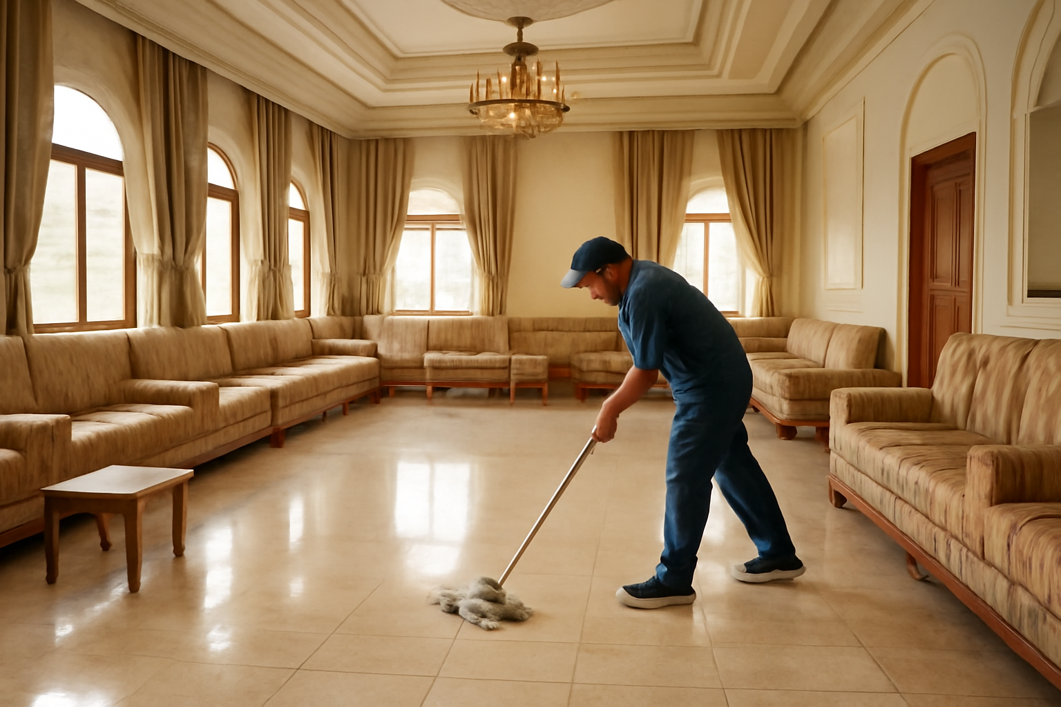 A Riyadh villa cleaning company: the details to settle Illustrative scene of a villa majlis in Riyadh being cleaned, shown from a wide angle with daylight and careful attention to seating and floor surfaces; no logos or written text.