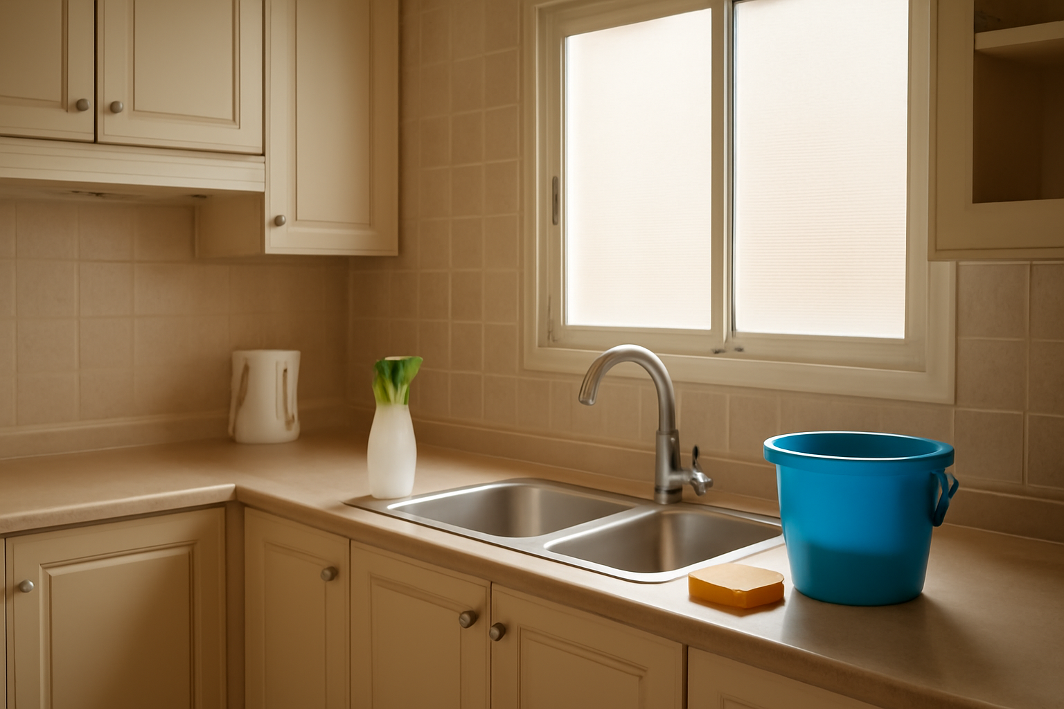 Illustration of a home kitchen in Riyadh being prepared for cleaning, showing a clear countertop, sink, and basic cleaning tools; no people, logos, or written text.