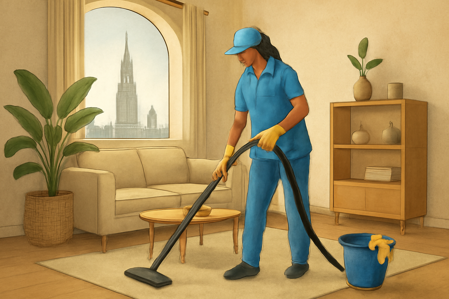 Illustration of a home cleaner working in a Riyadh living room, with suitable cleaning tools and natural-looking materials; no logos or text.