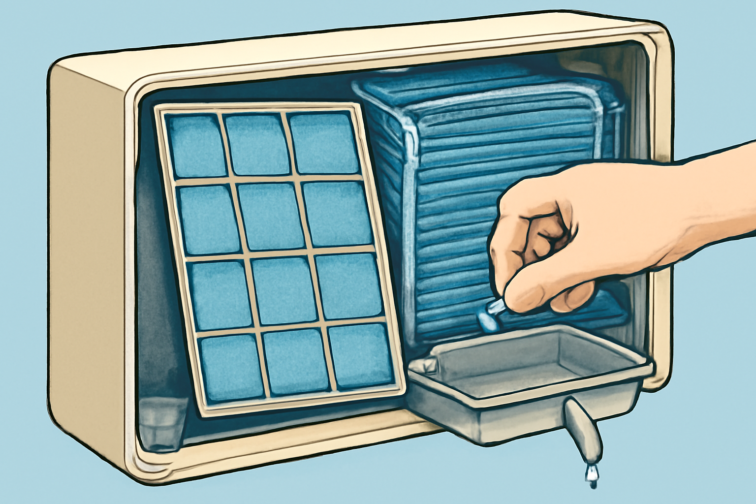 Illustrative cutaway showing an air-conditioner filter, coil, and drain being inspected, with clean visual separation between the parts; no labels or written text.