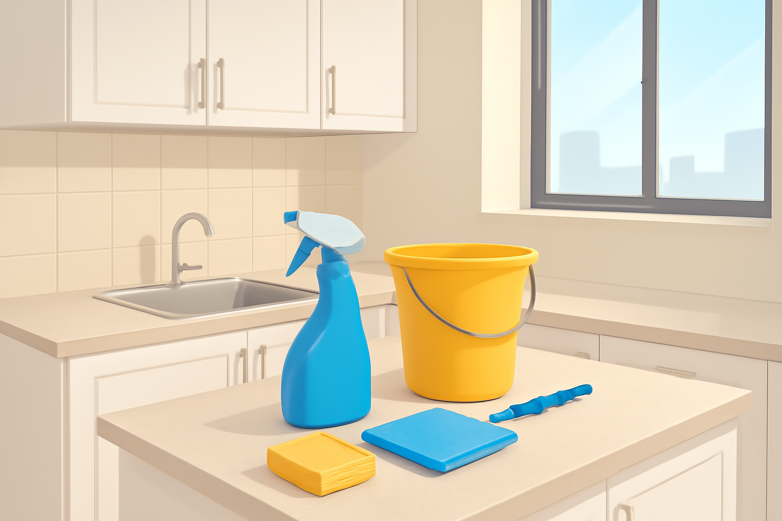 Home cleaning company in Riyadh: kitchen scene Illustration of a Riyadh apartment kitchen prepared for cleaning, showing a clear countertop, a sink, and suitable cleaning tools from a wide angle.