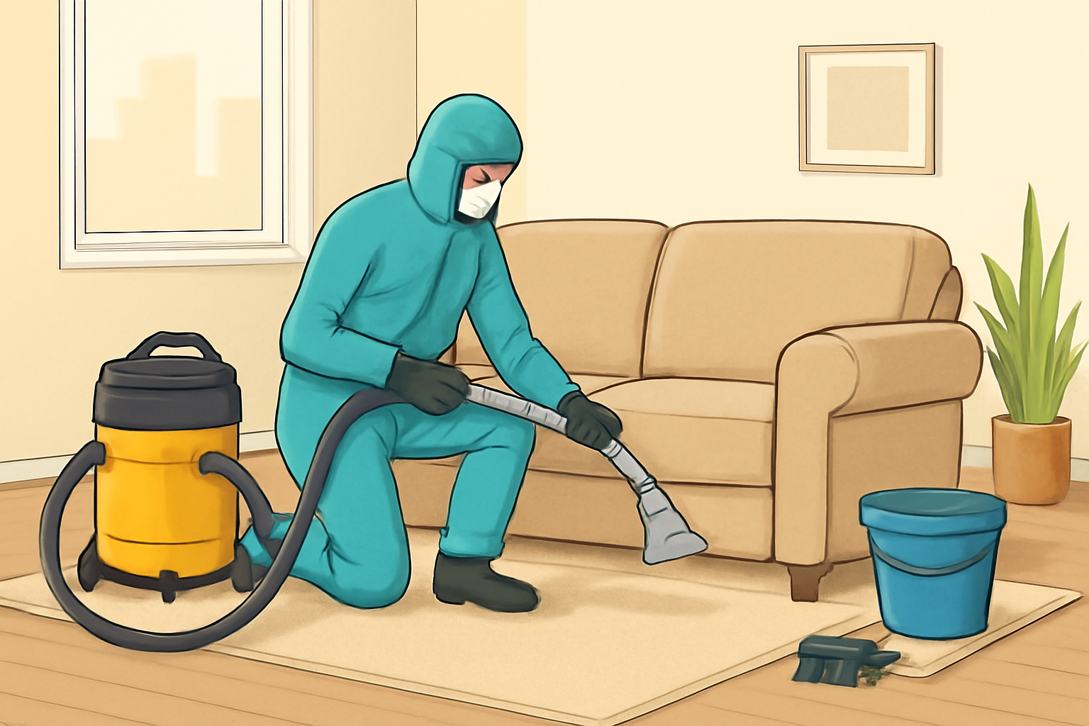 Illustration of sofa and carpet cleaning in a Riyadh home, with suitable tools arranged nearby; no logos or text.