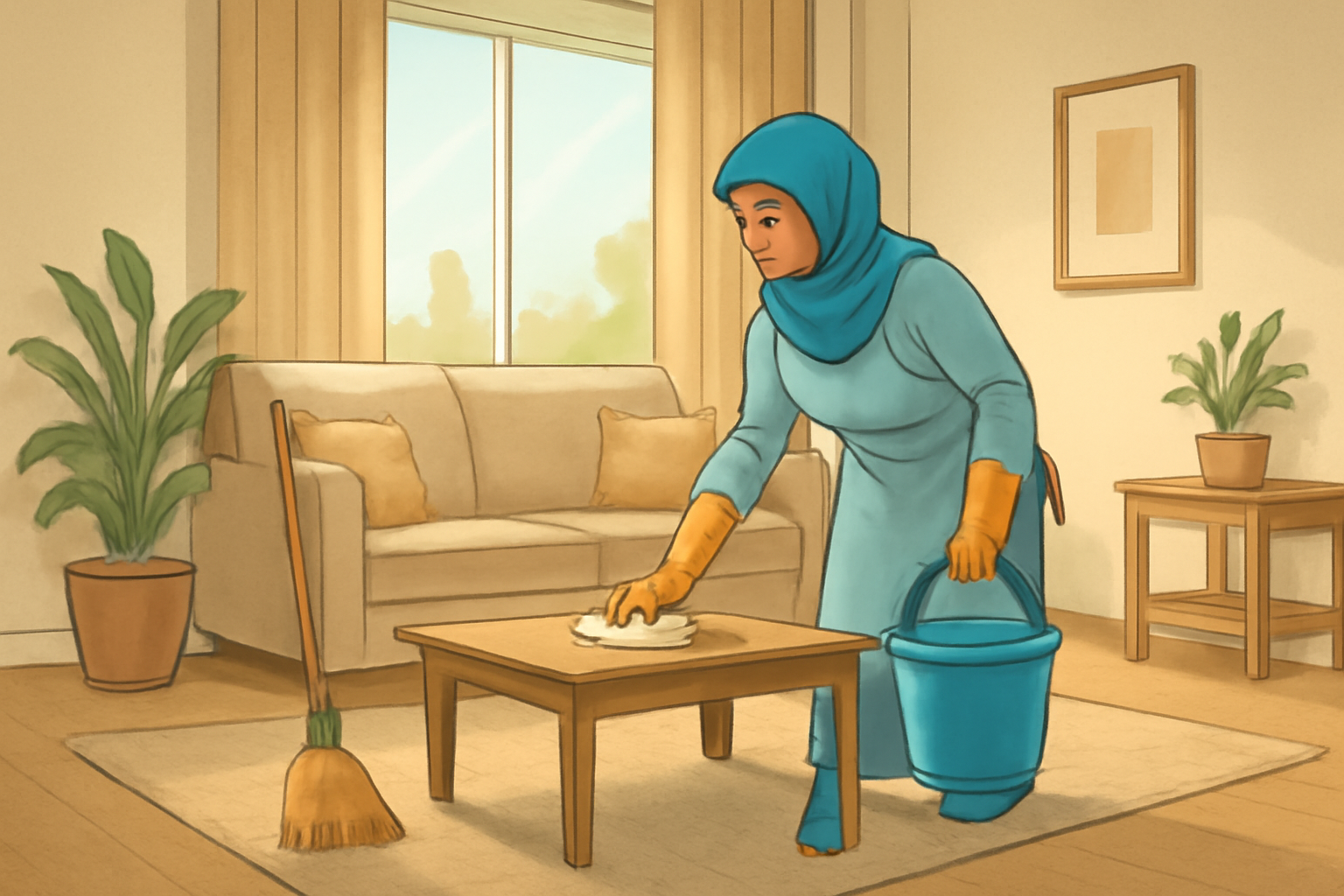 Illustration of a cleaner preparing a Riyadh home living room, with everyday cleaning tools and natural light; no logos or written text.