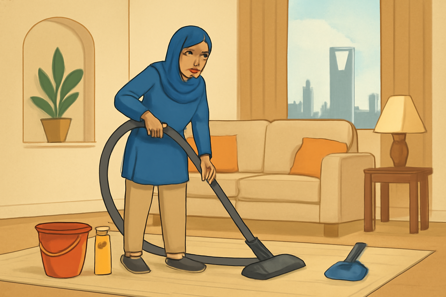 Illustrative scene of a cleaner vacuuming a living-room rug in a Riyadh home, with cleaning tools nearby; no logos or text.